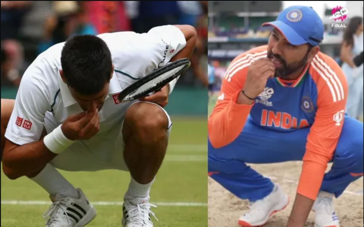 Rohit Sharma emulating Novak Djokovic’s iconic Wimbledon gesture.