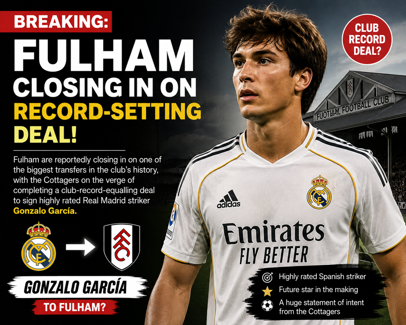 🚨 BREAKING: Fulham Reports claimed closing in on one of the biggest transfers in the club’s history, with the Cottagers on the verge of completing a club-record-equalling deal to sign highly rated Real Madrid striker Gonzalo García…