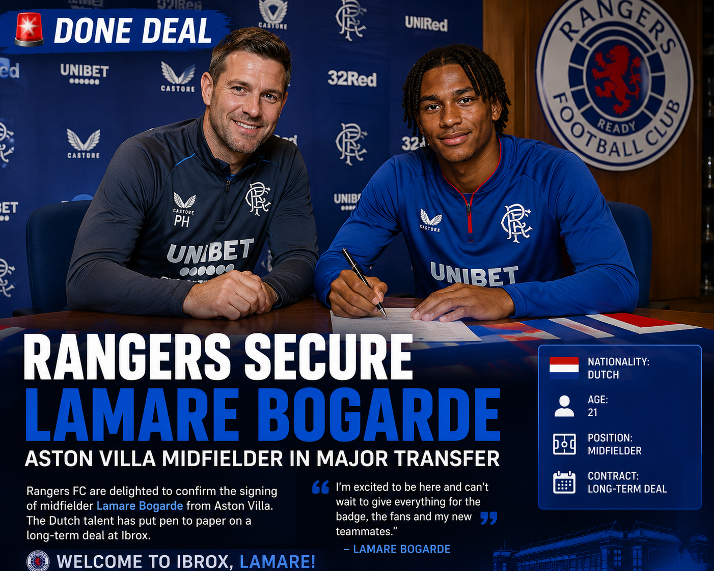 DEAL ACCEPTED: Rangers FC Has Officially Completed a Deal to Sign Midfielder Lamare Bogarde from Aston Villa…