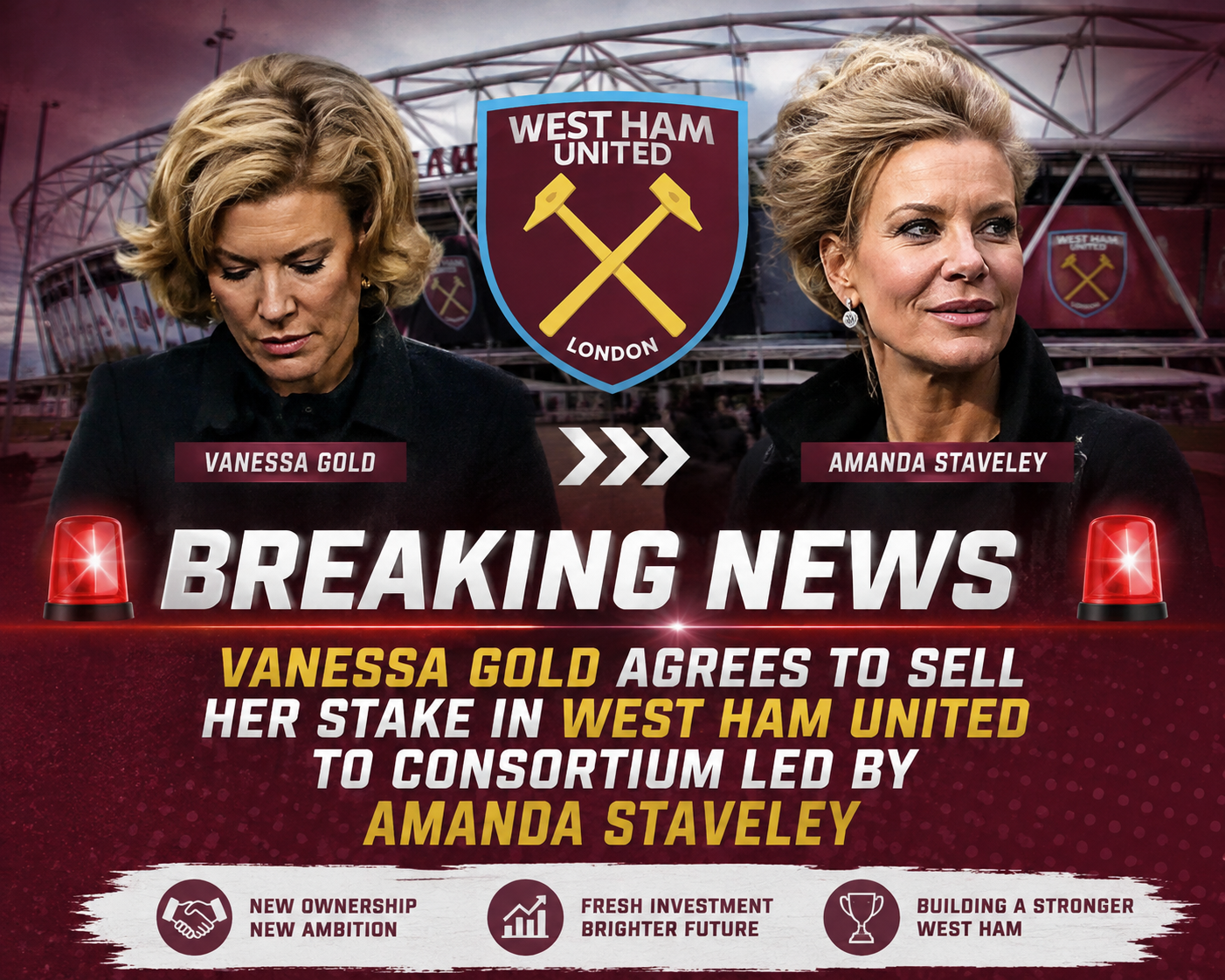 ƁR̃ÉÁƘÍNG: West Ham United could be on the verge of a major ownership change after reports that Vanessa Gold has agreed to sell her stake in the club to a consortium led by former Newcastle United co-owner Amanda Staveley…